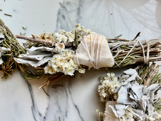 6" Rosemary & Sage Floral Smudge Wand with Quartz Crystal