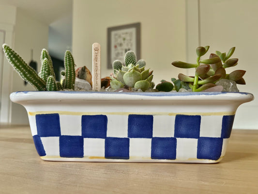 Oven baked ceramic loaf pot with succulents, cacti, and healing quartz crystals